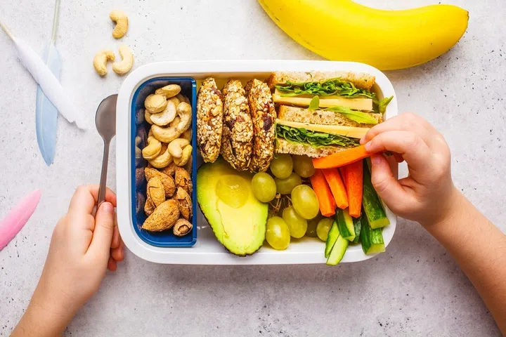 School healthy lunch box with sandwich, cookies, nuts, fruits and avocado on a white background.