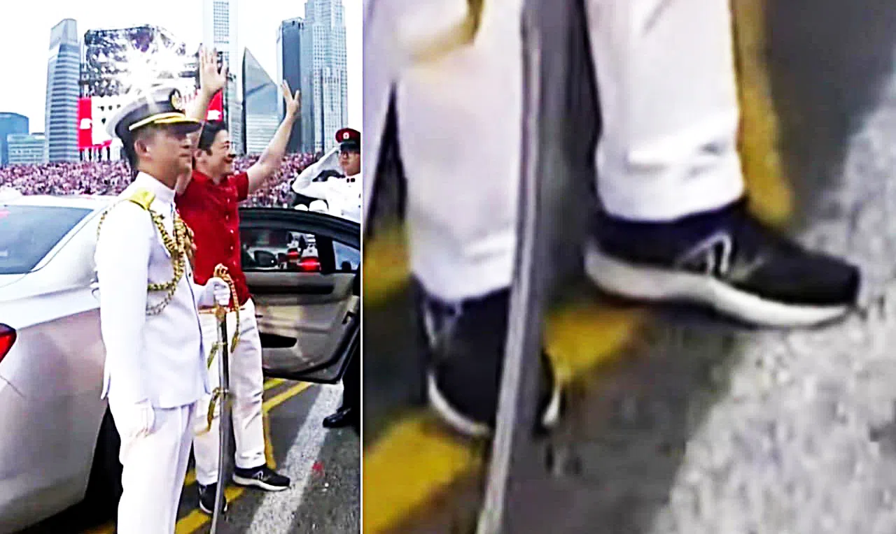 黄循财总理穿球鞋出席国庆庆典，引起网民热烈讨论。（国庆直播截图）