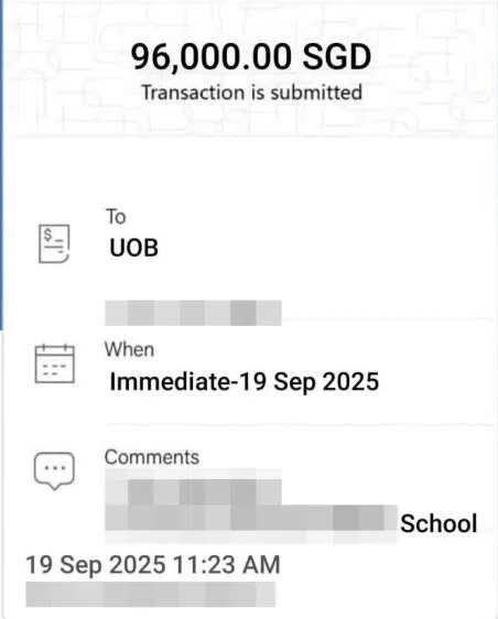 骗子伪造付款记录，声称已支付9万6000元。（受访者提供）
