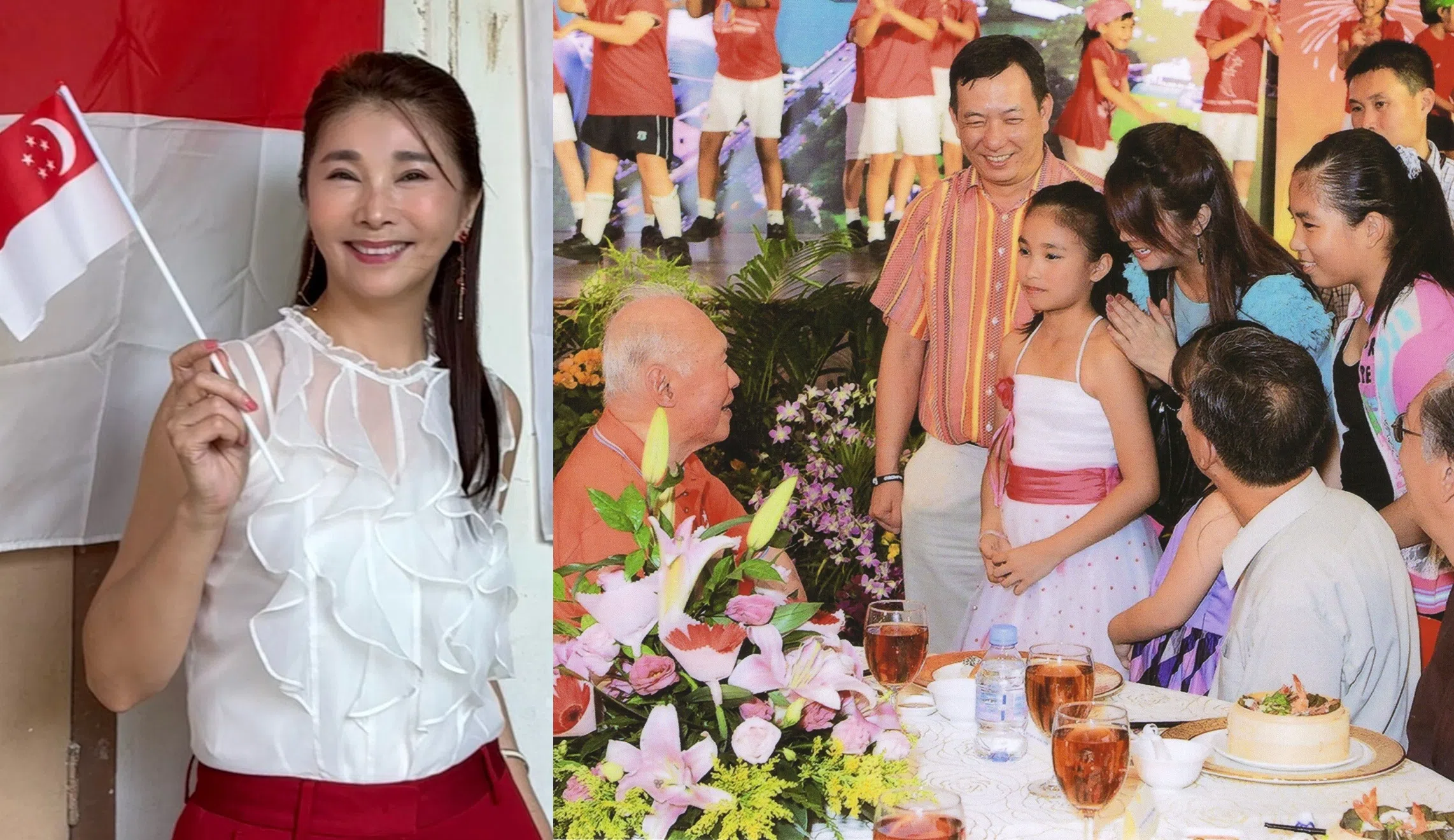 陈秀环一家在国庆活动上见到李光耀（右图）。（艺人提供）