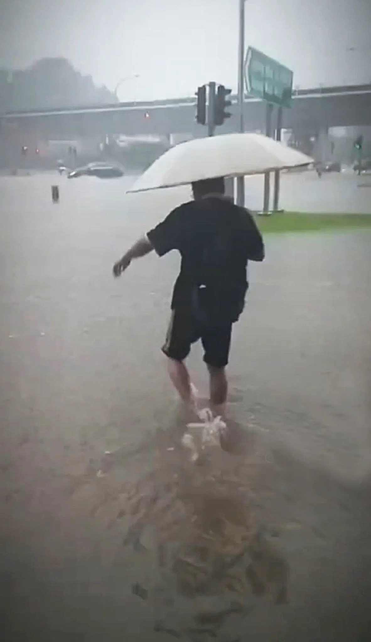有民众撑伞冒险涉水而过。（取自网络）