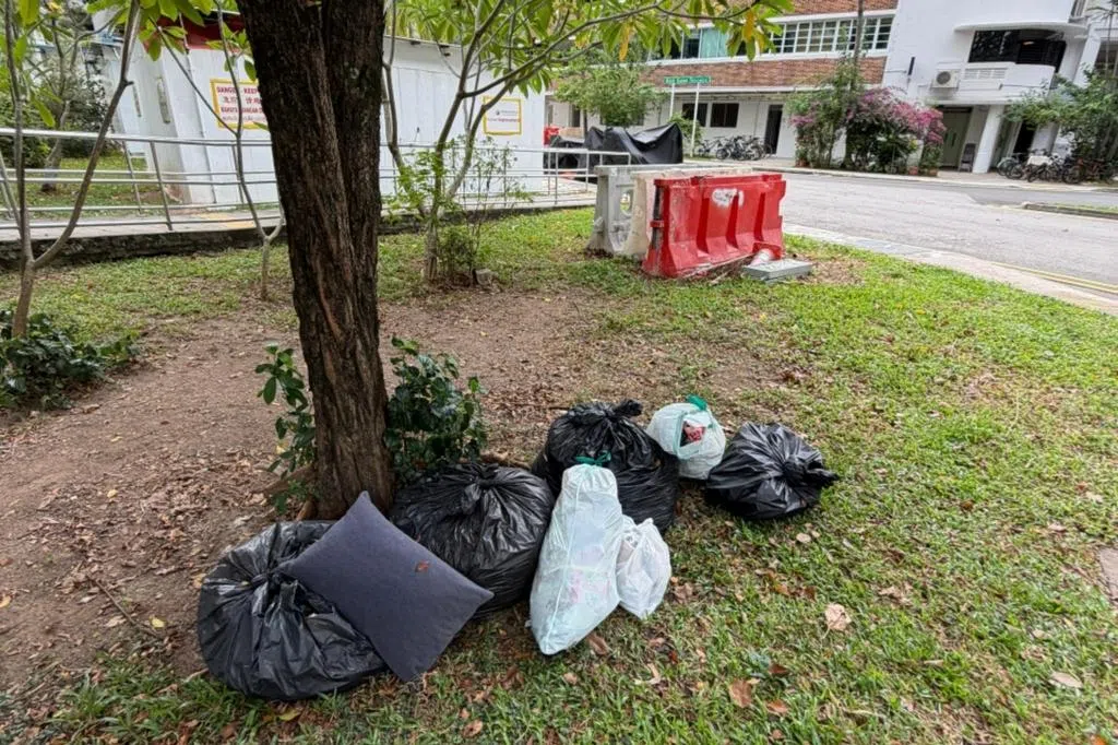 蓝色回收箱因长期遭滥用被撤走，岂料有居民竟把废弃品丢在树下或楼下，就连垃圾桶也被回收物品塞满。