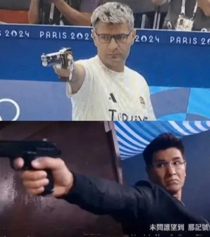 网民将陈展鹏在《隐形战队》中开枪一幕，和射击好手迪凯区作对比。（取自网络）