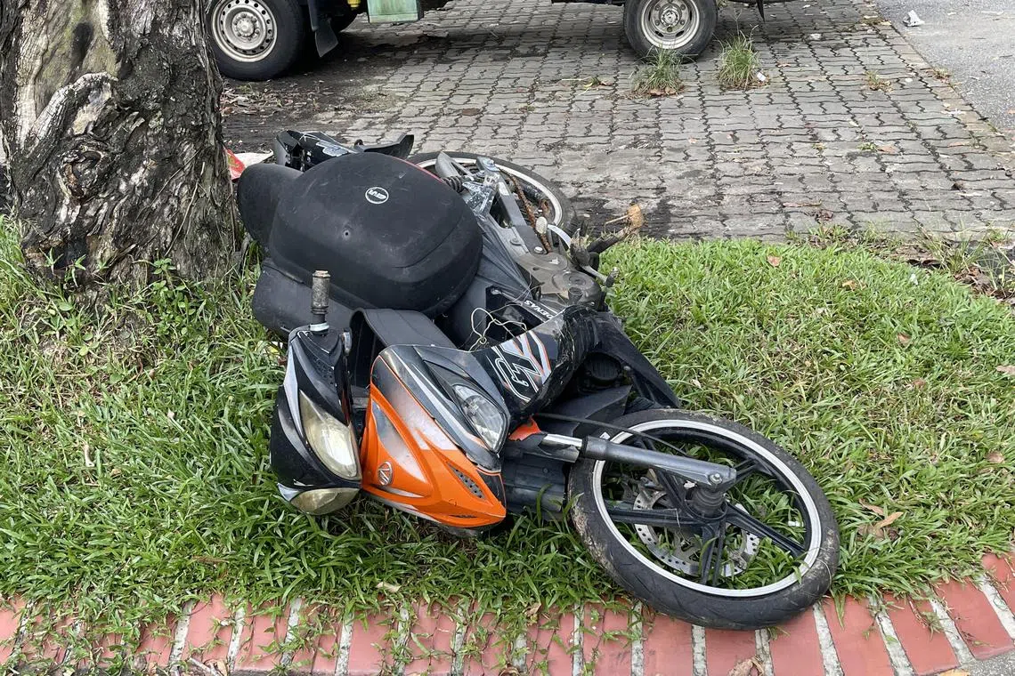 电单车被随意停放在树下草坪处。（余明飞摄）