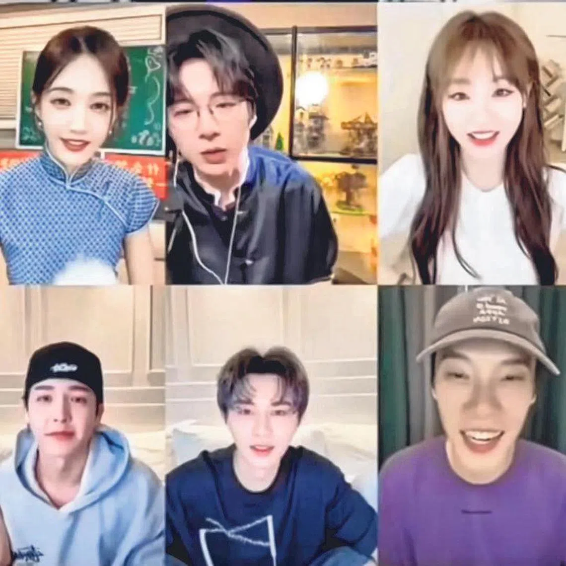 （上排左起）李一桐、刘宇宁、祝绪丹；（下排左起）王以纶、王佑硕、昌隆合体直播。（直播截图）