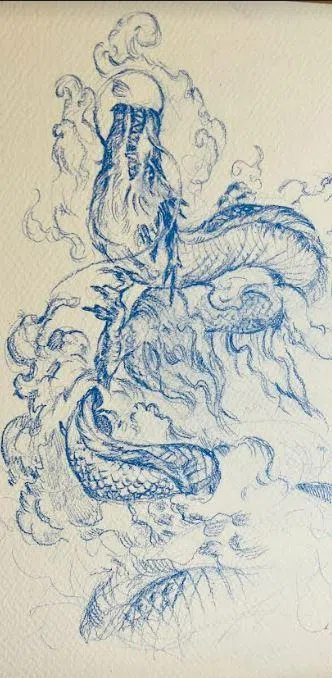 陈熙透露将设立平台卖画作赚零用钱，图为他绘画的吉龙。（受访者提供）