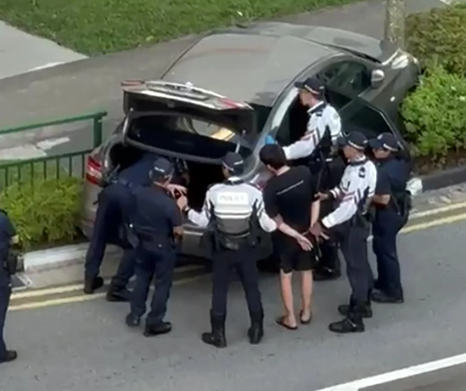 六名警员分工搜查涉事汽车，男子被上铐。（读者提供）