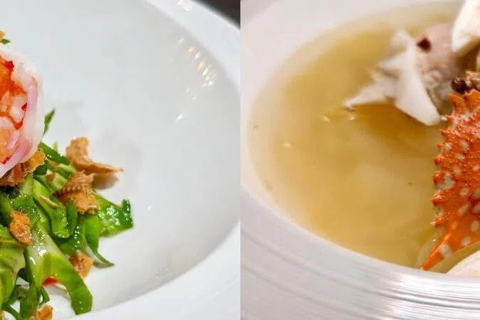 娘惹餐的五道菜包括虾沙拉和汤品蟹壳肉丸汤。（受访者提供）