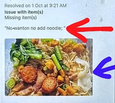 顾客向平台投诉，指面里仅有一小片云吞皮，面条和鱼肠的分量也少了。（受访者提供）