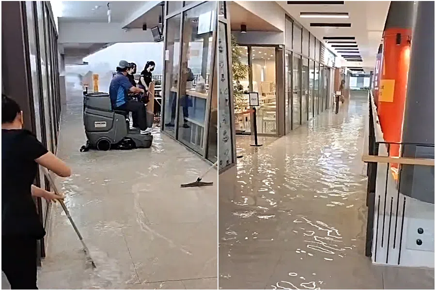 雨从屋檐流入二楼 登加田园广场走廊成溪客困水城