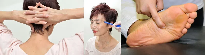 风池穴（左起）、太阳穴和涌泉穴。（档案照片）