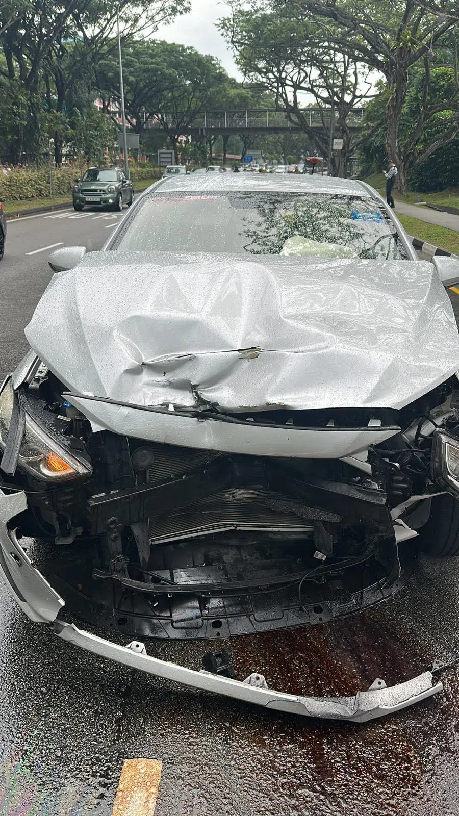 私召车车头损坏严重，安全杆脱落，汽油也漏满地。（受访者提供）