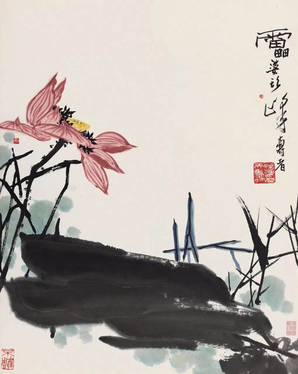 中国美术教育家与绘画大师潘天寿（1897-1971）的《荷花》。（秋斋珍藏）