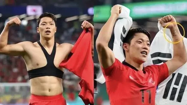 在对阵葡萄牙的小组赛中，黄喜灿为韩国进球后脱衣庆祝。在他左手手腕上纹着爷爷奶奶的名字。（互联网）