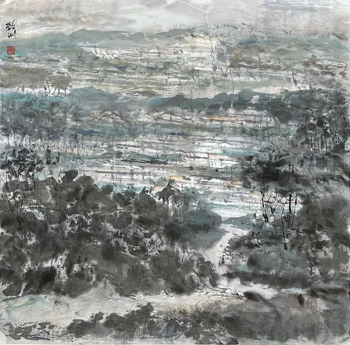 《情致远方》用水墨渲染远方的意境。（画廊提供图片）