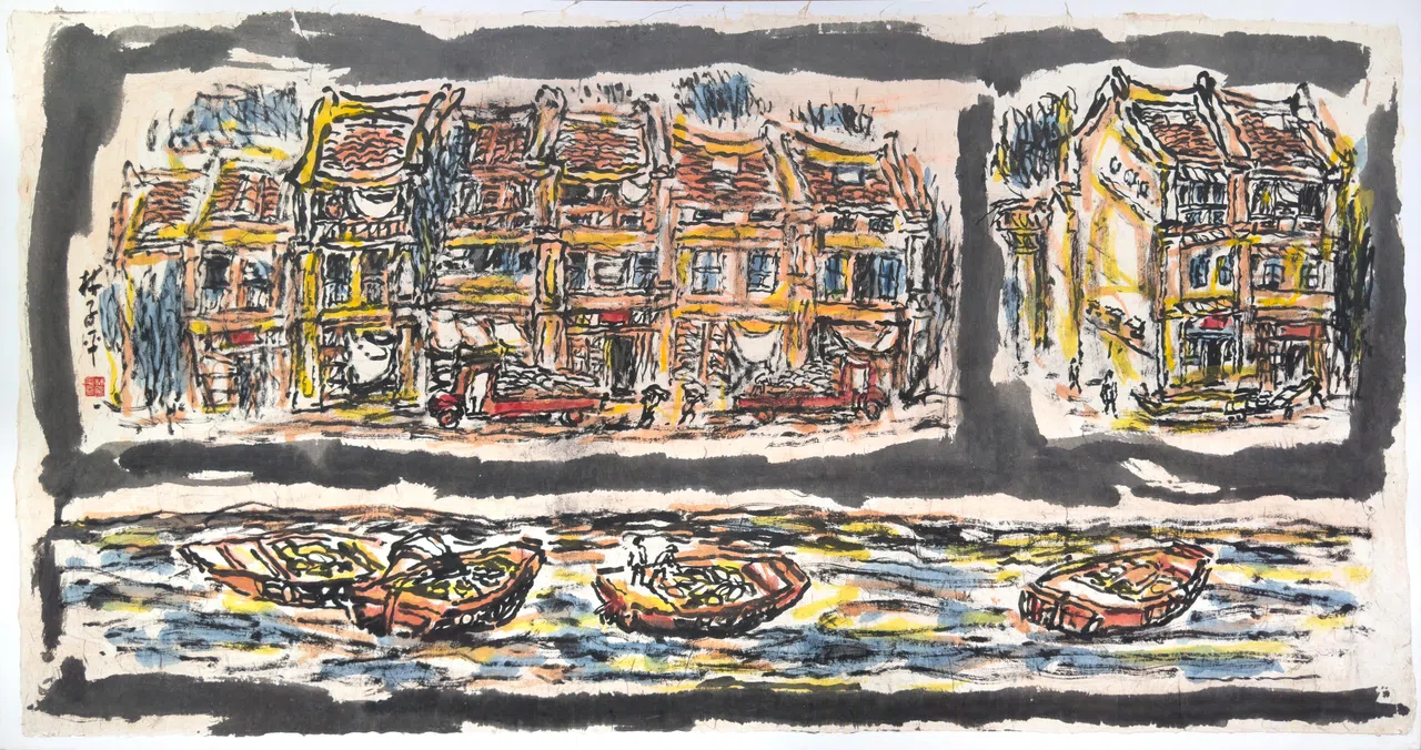 林子平作于2010年代的纸本彩墨《忆新加坡河》。（嘉合画轩提供）