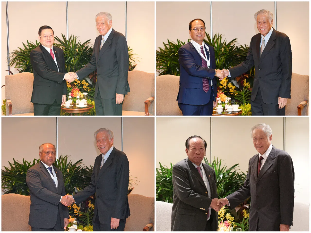 亚细安秘书长高金洪（左上角起，顺时针）、菲律宾防长加尔维斯、柬埔寨防长狄班以及文莱第二防长哈比尔。（新加坡国防部提供）