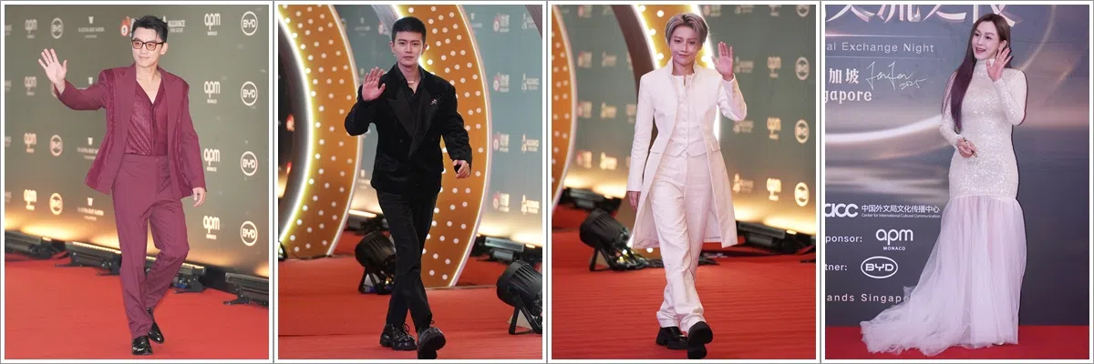 十多名海内外艺人下午4时相继踏上盛典红毯，包括郑恺（左起）、任嘉伦、刘雨昕和范玮琪。（谢智扬摄）