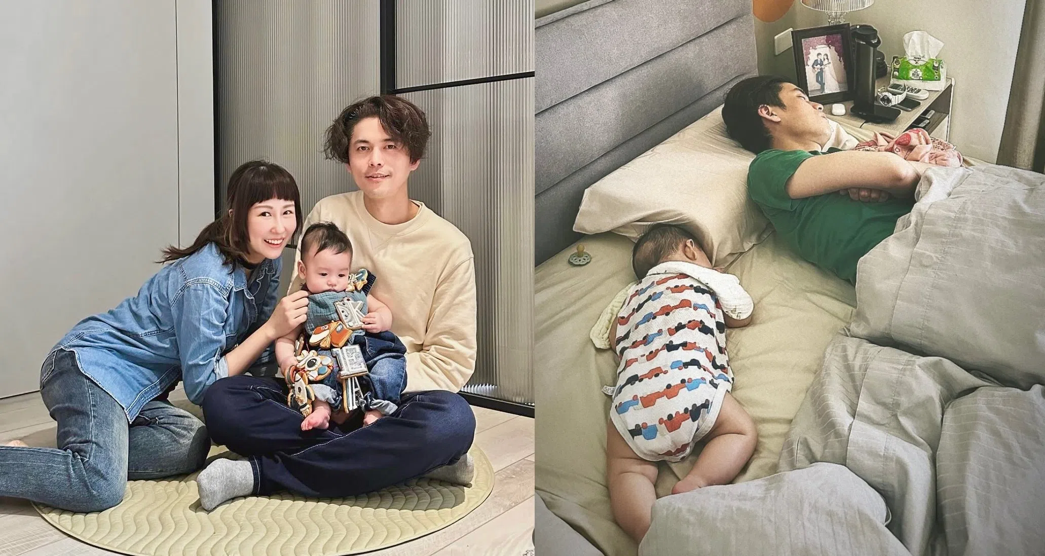 潘嘉丽第一次被地震吓醒，第一时间抓住老公游政豪的手，老公接着把儿子“醋咪”抱过来。（取自艺人IG）