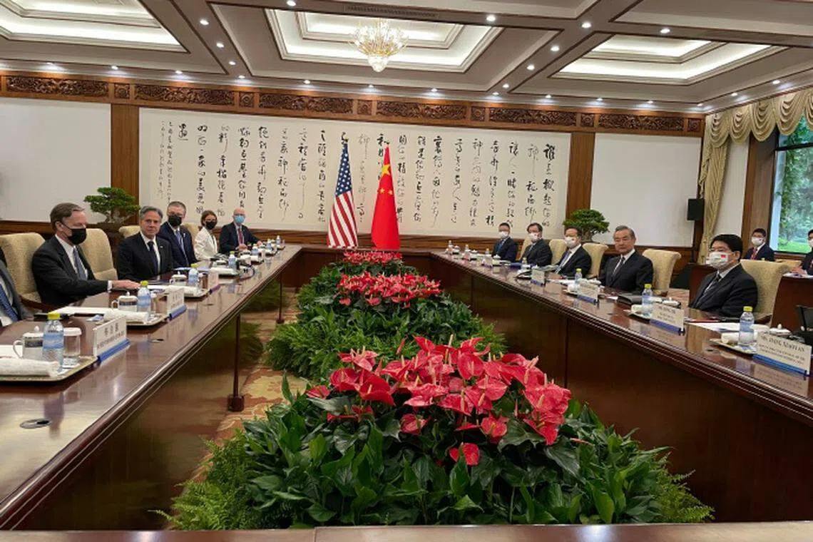 王毅6月19日上午与布林肯举行会谈。（CGTN记者团微博）