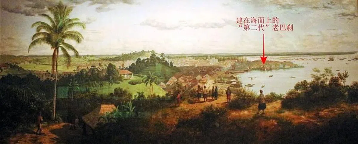 Percy Carpenter于1856年完成的油画，展示从丹戎巴葛的华莱士山（已铲平）望向直落亚逸海边的景观，远处第二代老巴刹坐落在海面上。（摄于新加坡国家博物馆）