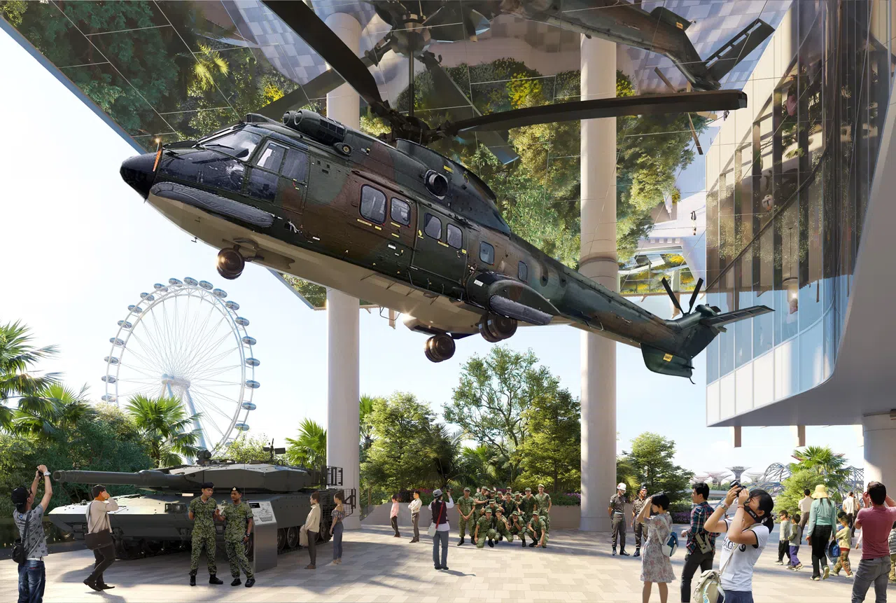 卫国广场设有国民服役主题展览区，通过各种多媒体平台和硬件展现我国武装部队、警察部队和民防部队人员的故事。（国防部构想图）