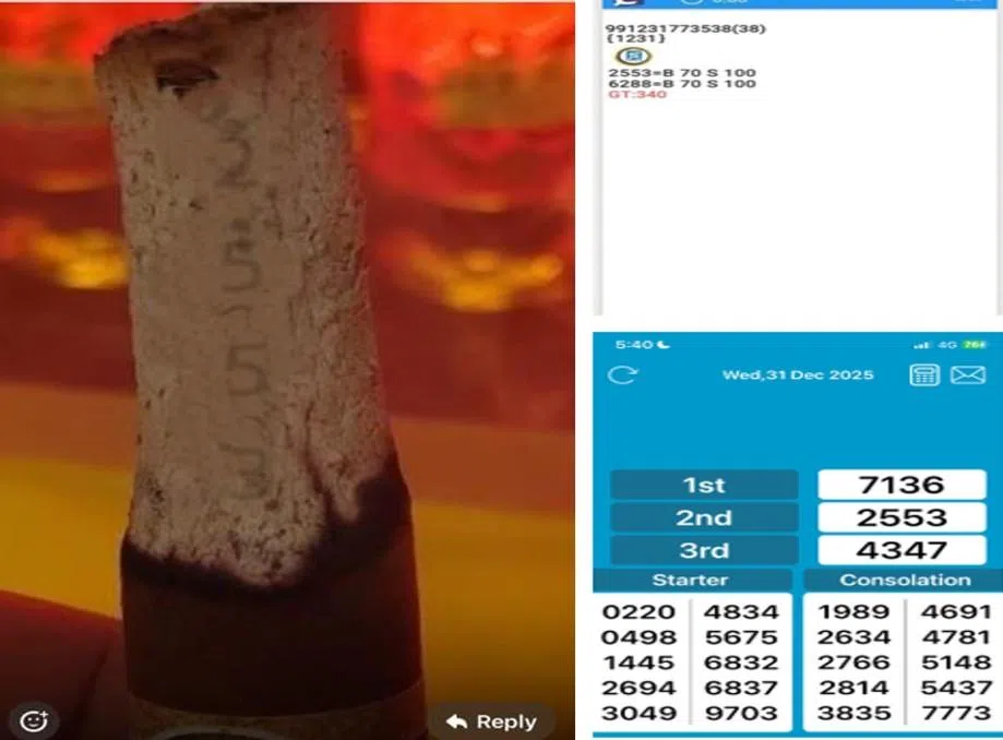 骗子发送两张照片作为中奖证明，一张是新加坡博彩公司的彩票单据，显示二奖号码为“2553”（右图）；另一张则是庙宇焚香时显现“2553”的照片（左图）。（受访者提供）