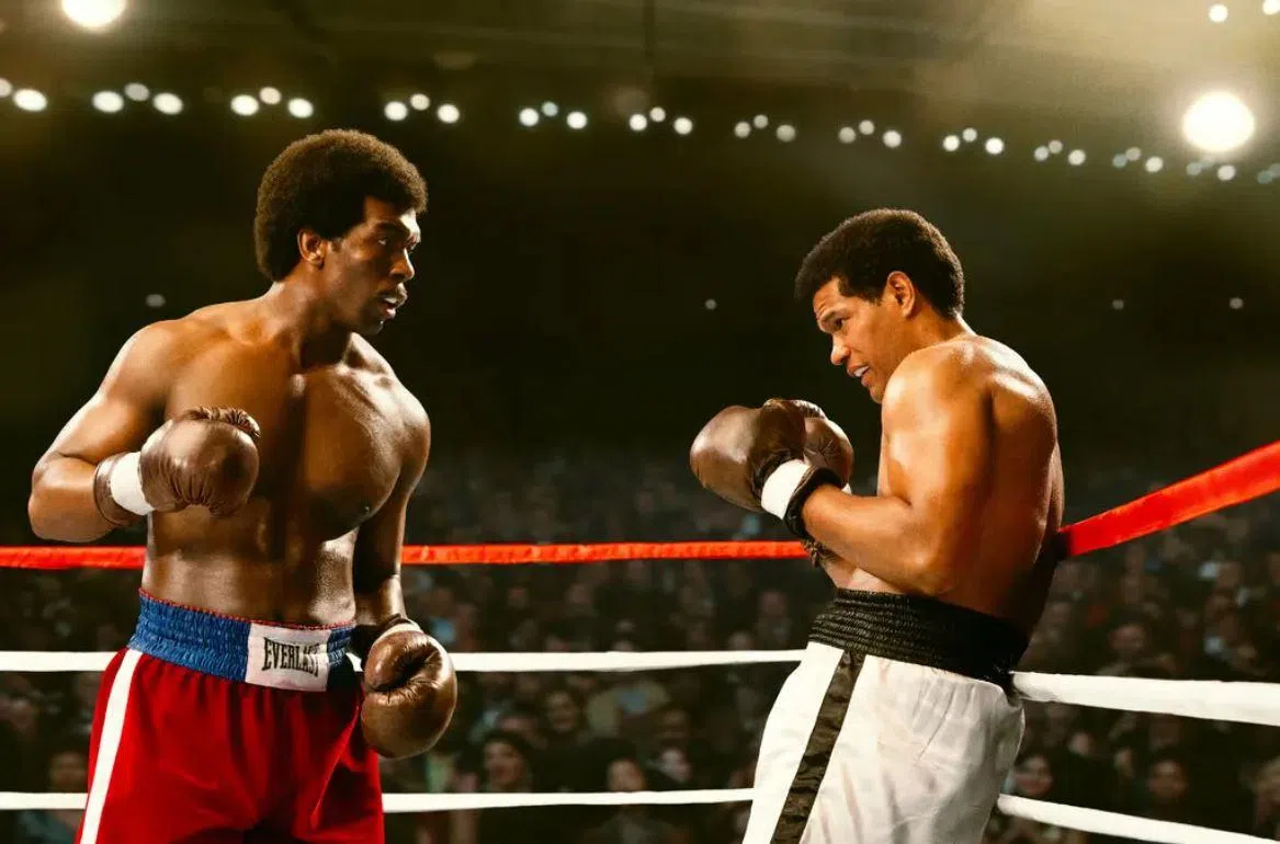 《大力士：乔治·福尔曼》戴维斯（左）与琼斯在擂台上较量。（互联网）