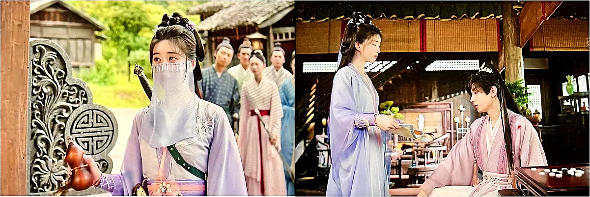 李凯馨（左图）第三集登场时戴着面纱，与成毅（右图右）为争酒不打不相识。（互联网）