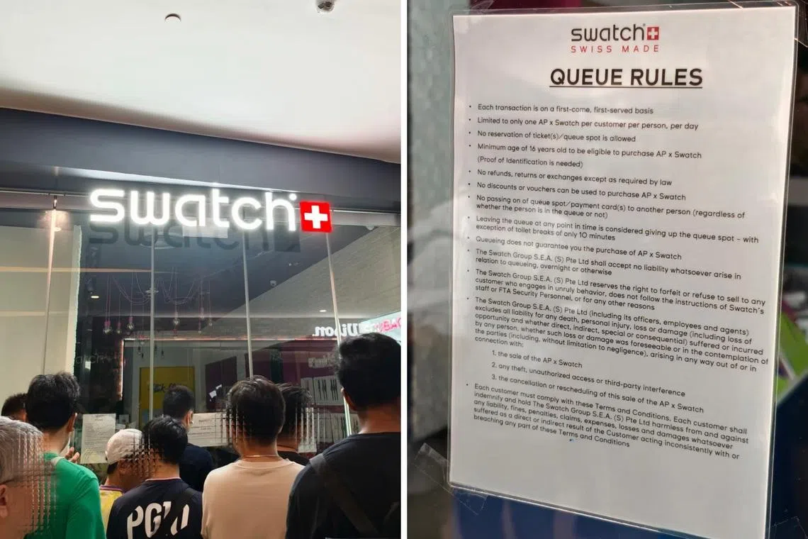 斯沃琪的怡丰城（VivoCity）门店星期六（5月16日）清晨临时取消售卖联名款怀表，引发公众不满，甚至惊动警方到场。（读者提供）