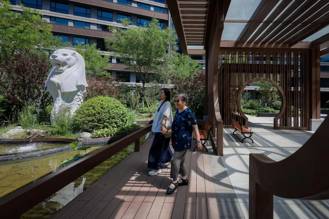 方紫鸾（左）与张秀英在天津鹏瑞利康护社区花园里散步。（海峡时报）