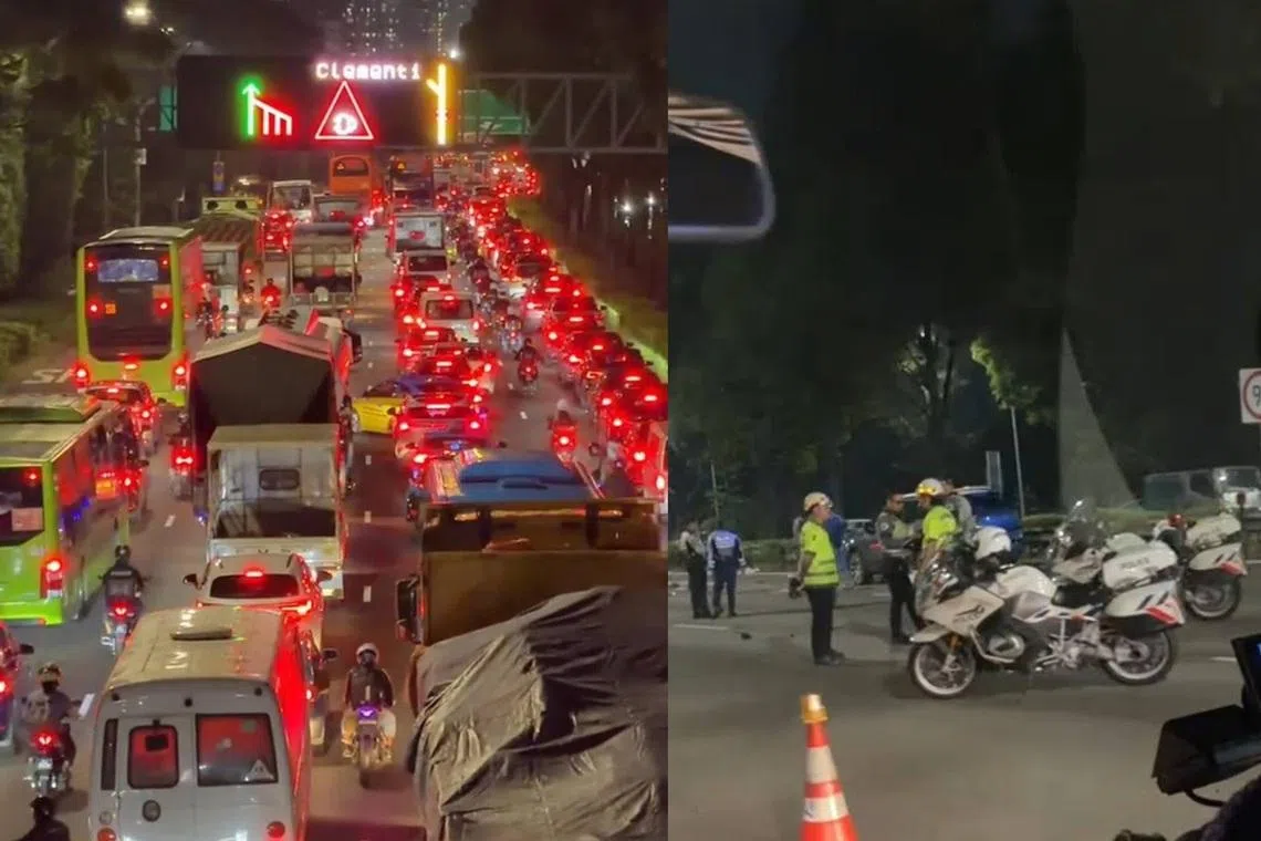 星期二（3月31日）晚上约6时，亚逸拉惹快速公路发生致命车祸（右图）道路一度阻塞（左图）。（取自脸书）