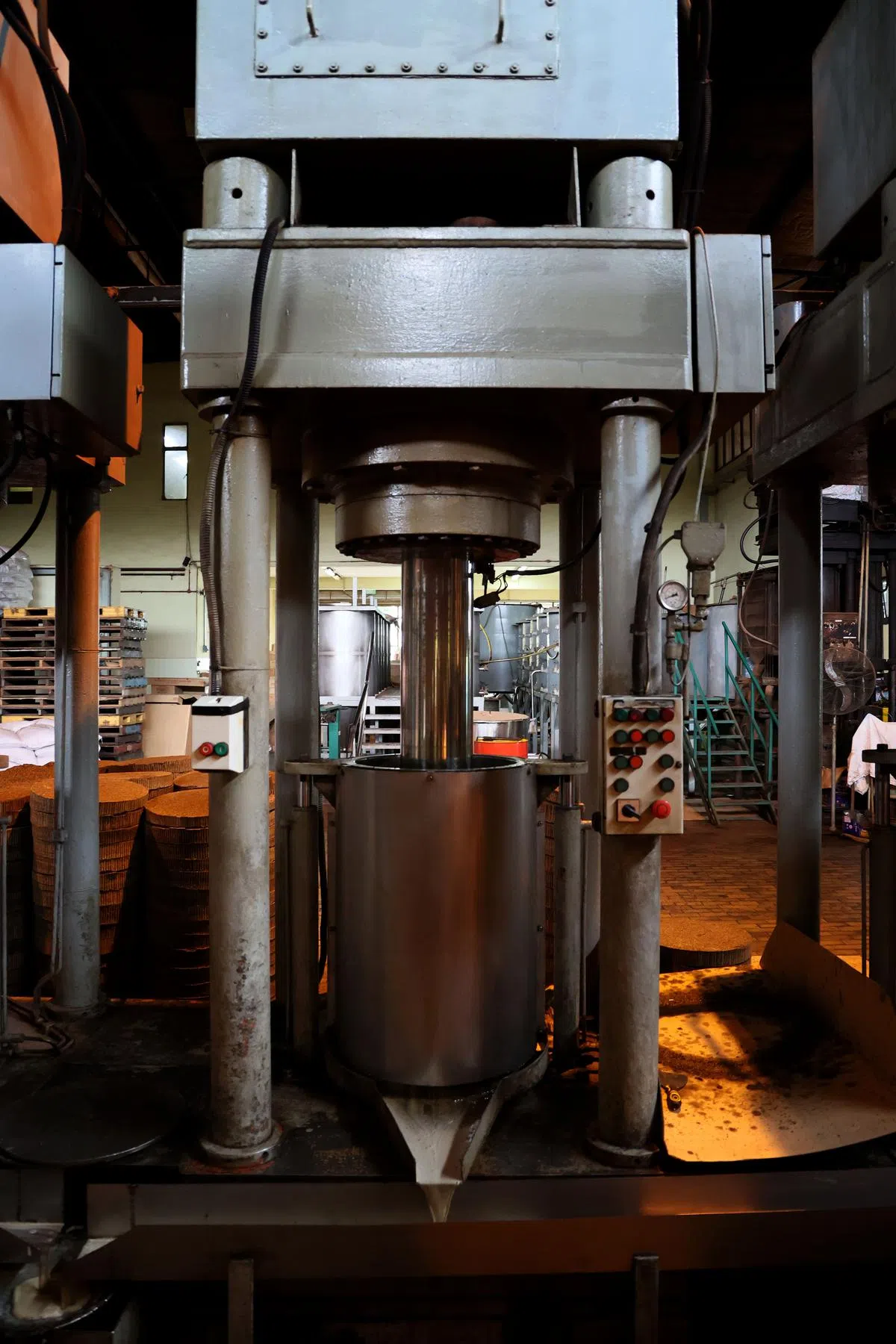 【榨油】液压油压机榨油需要人工包芝麻饼放进模里。一些麻油厂已改用更高效的螺旋榨油机，但胡元兴认为油压机更理想。（龙国雄摄）