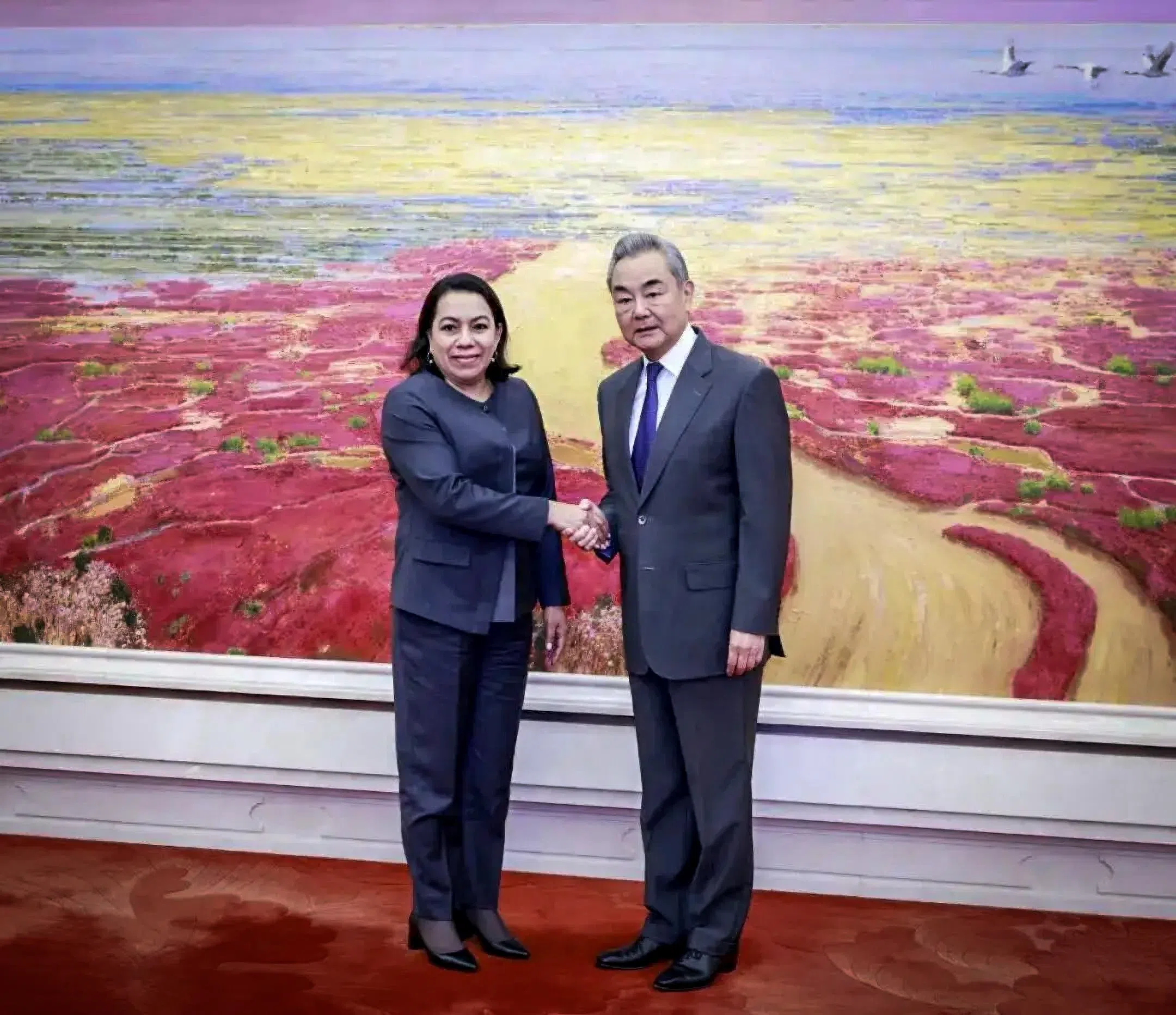 中国外长王毅7月20日在北京会见下任联合国秘书长候选人、圭亚那常驻联合国代表罗德里格斯—伯基特。（新华社）