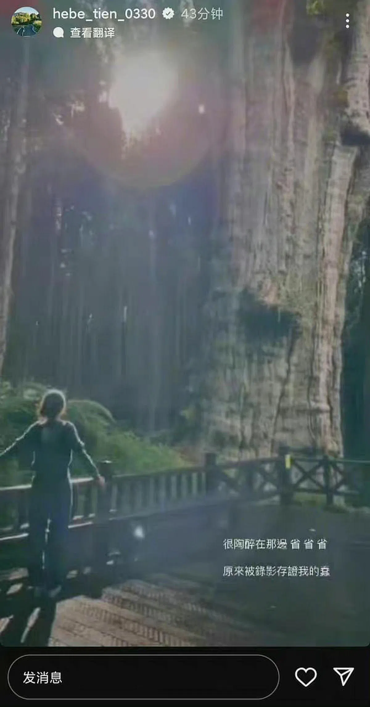 田馥甄还放出她在森林中的动态，但配文包含“省”字，被认为有“台独”意识。（互联网）