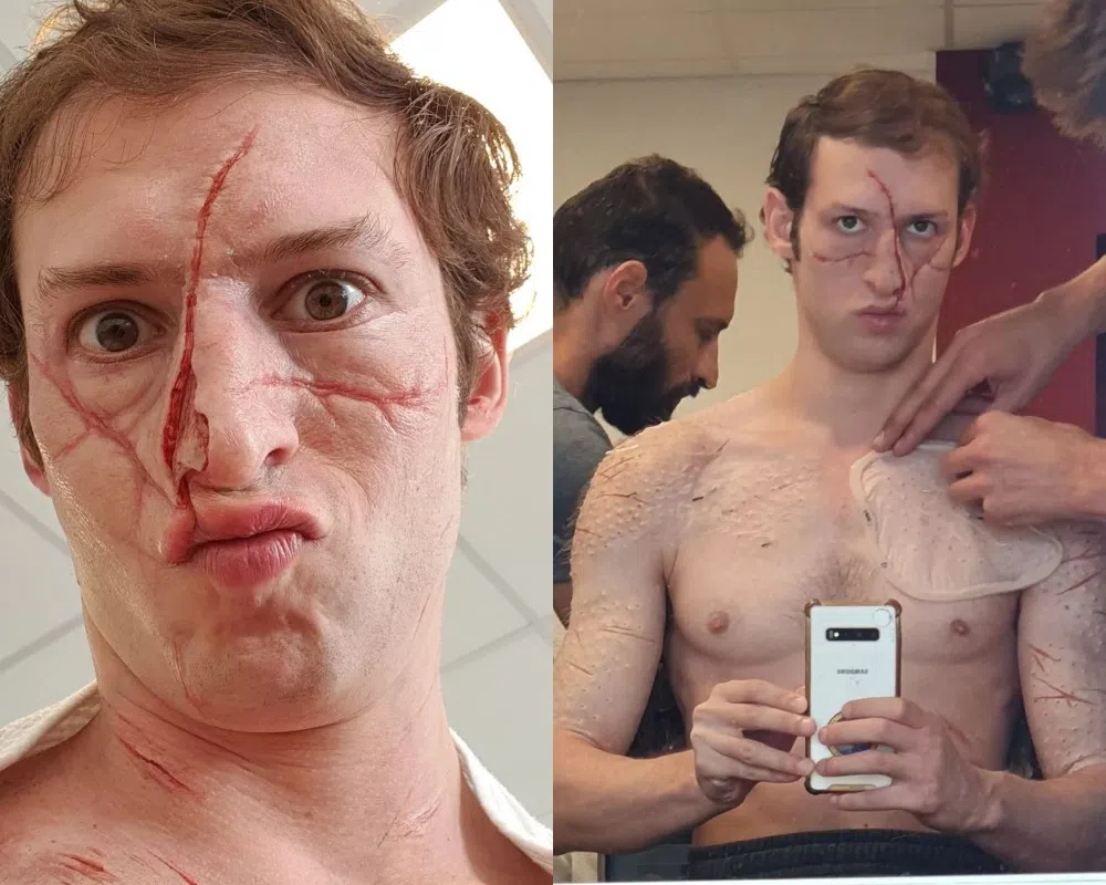 汤姆梅西耶在社媒贴出日花5小时做特效化妆变身“鸟人”的幕后花絮。（取自艺人IG）