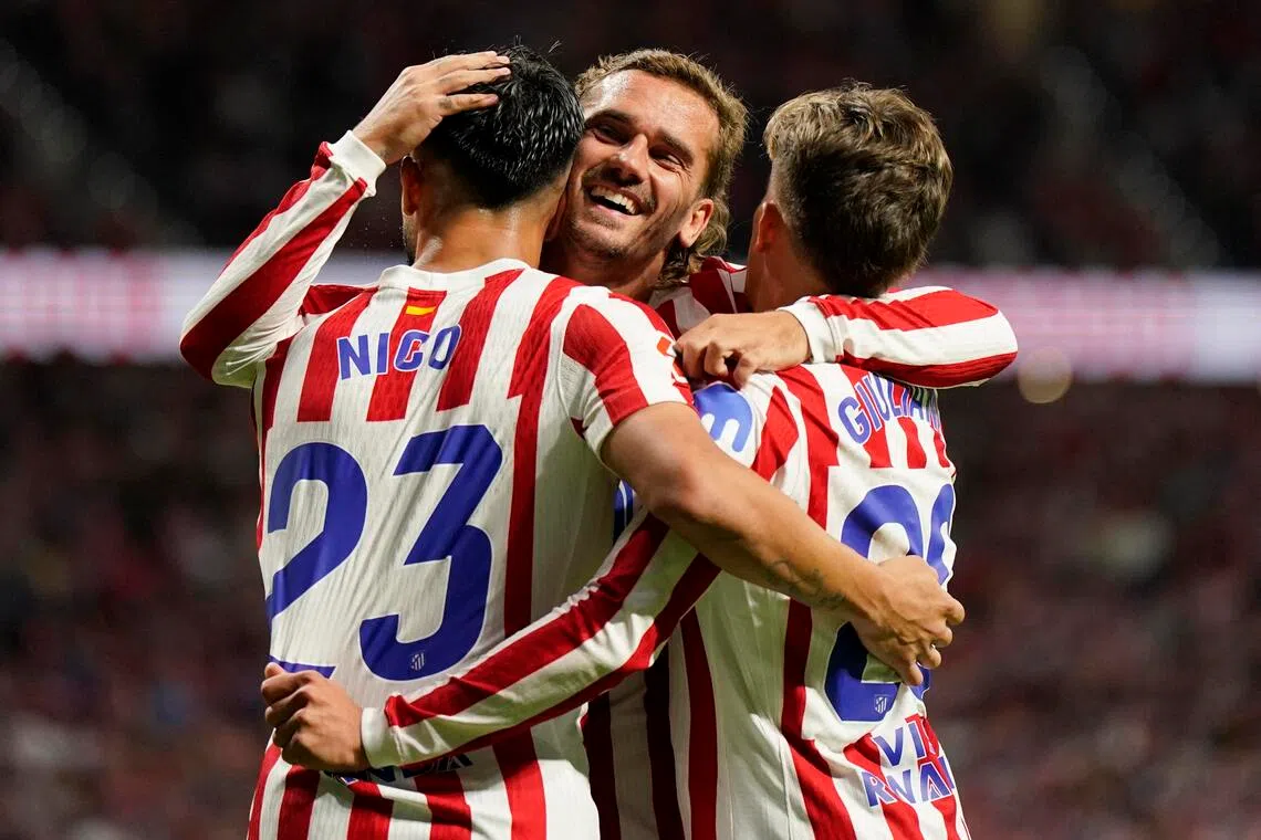 体马前锋、法国国家队队长格里耶兹芒（中）在前四场西甲联赛都没有进球或助攻入账，此役期待能有斩获。（路透社）