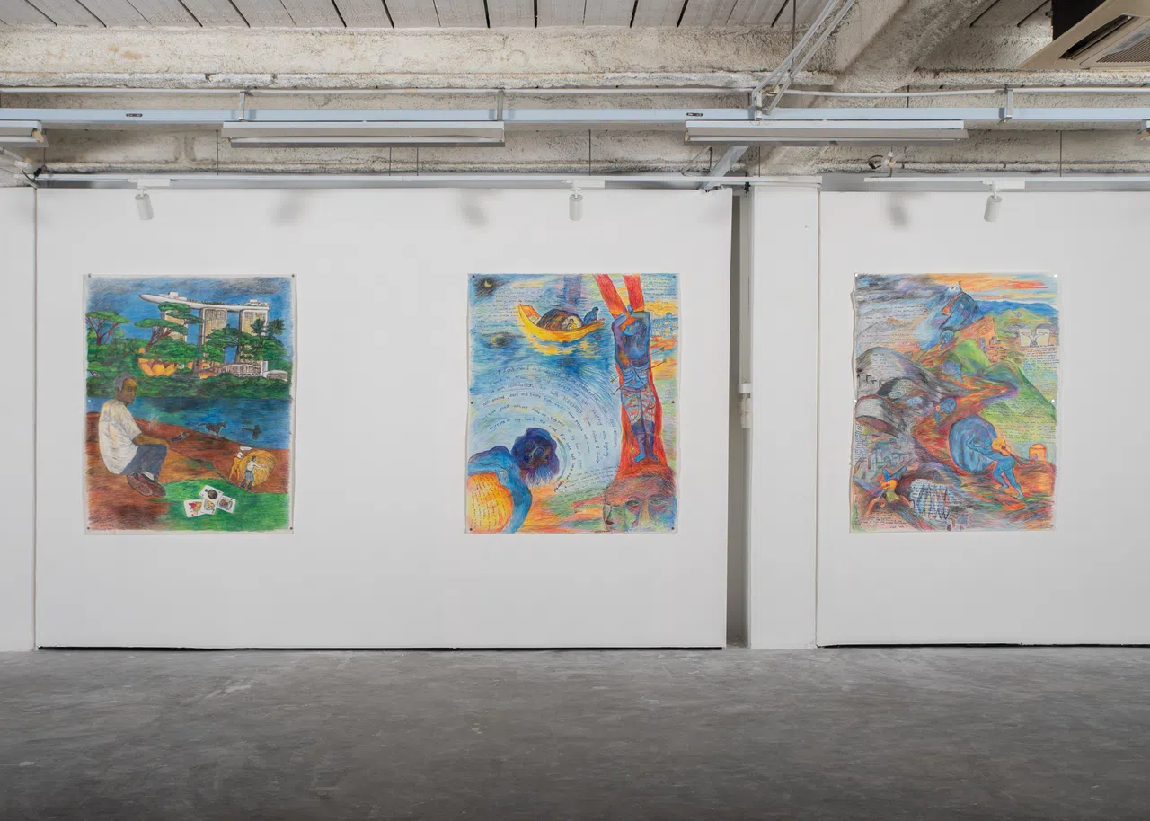 李文的纸本粉笔蓝人绘画结合文本。（The Institutum提供）