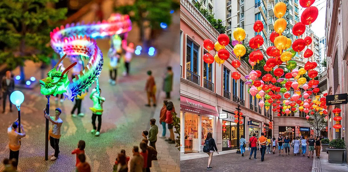 利东街模型展示新式LED舞火龙（左）与现实中的购物街利东街。（图／快乐微型艺术会、香港旅游发展局）