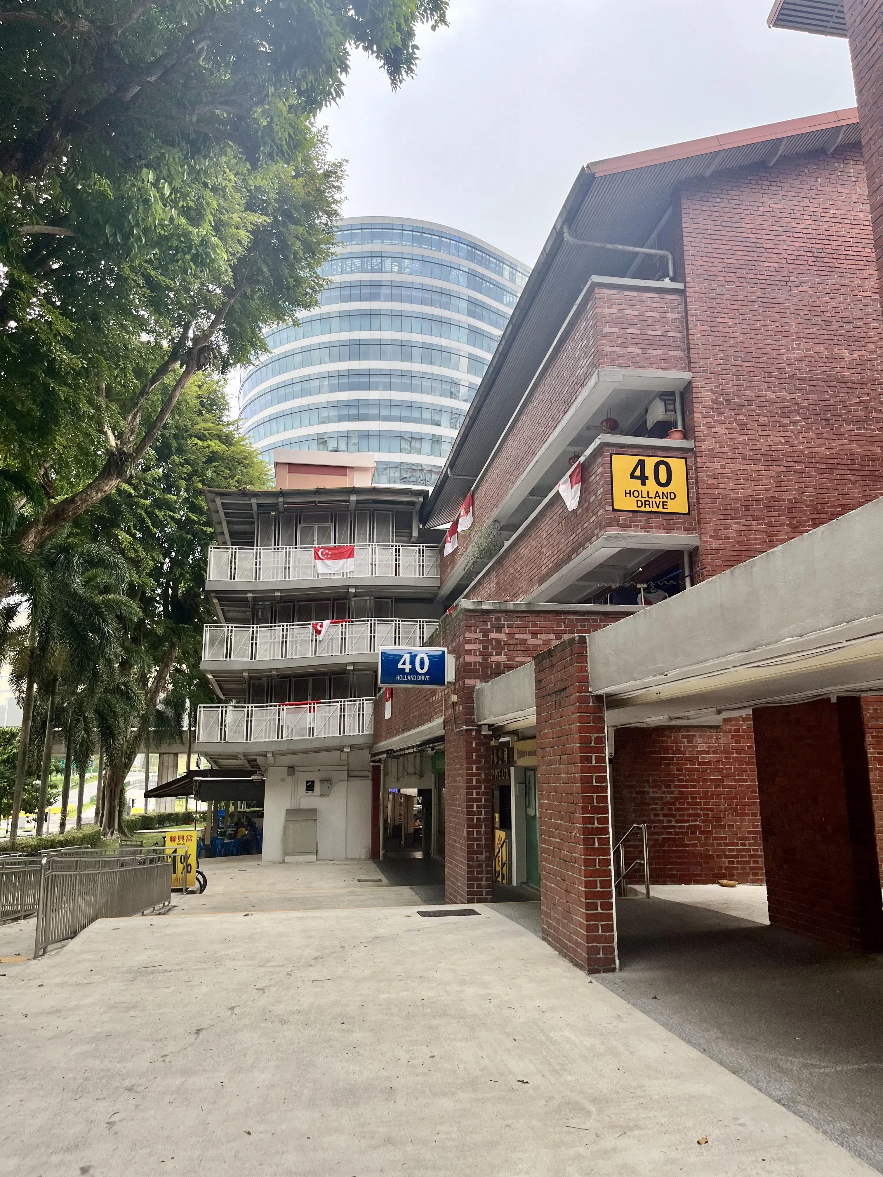 红砖组屋对街是纬壹科技城（One-North），一冷一暖，遥相呼应。（陈映蓁摄）