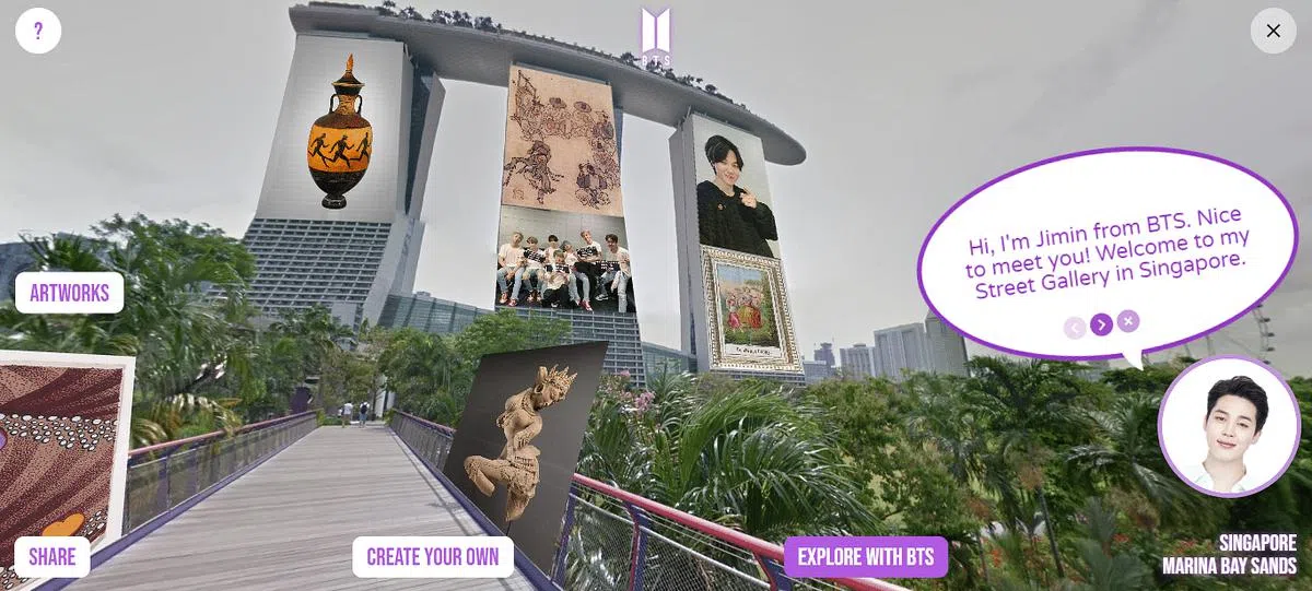 点进“街头画廊”不仅可以看到智旻分享的作品，新加坡一些地标如新加坡摩天轮、滨海湾花园、滨海艺术中心等也会映入眼帘。（图/截自Google） 