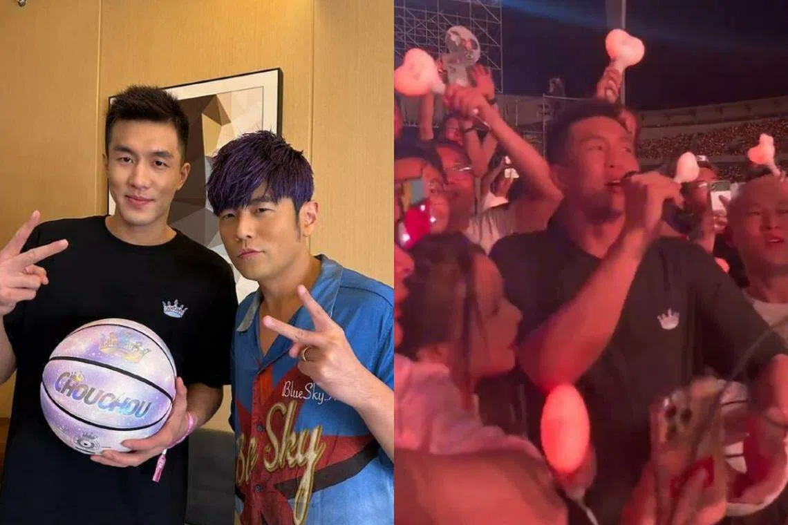 郭艾伦（左图左，右图拿麦克风）在周杰伦（左图右）的演唱会上唱《稻香》但走音。（互联网）