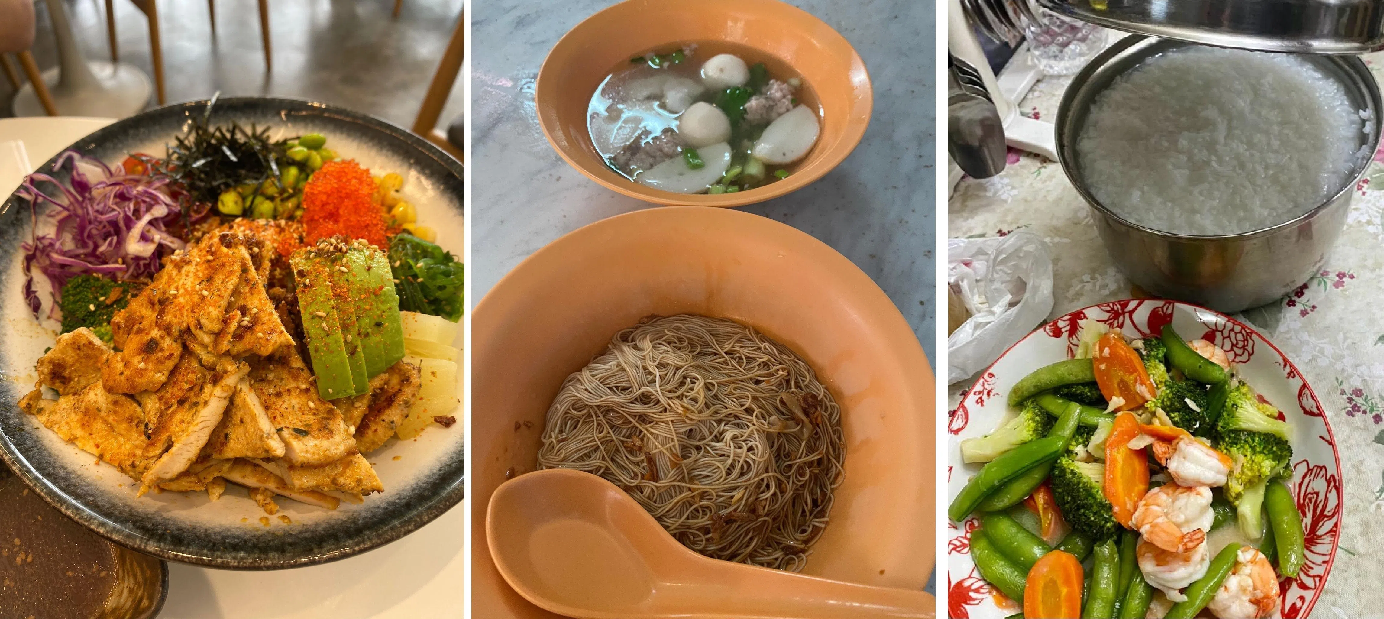 郭丽全医生的午餐和晚餐选项有：夏威夷盖饭（左起）、鱼丸面，以及家里煮的白粥搭配虾仁炒西兰花、红萝卜和甜豌豆。（受访者提供）