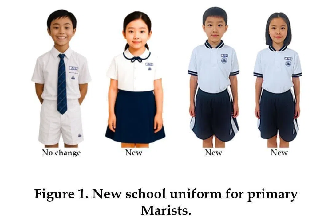 海星中学（附小）明年首迎女生入学，女生的正式校服是白色上衣搭配蓝色裤裙。男生的白衣白裤校服不变，男女体育服统一改用立领T恤。（取自家长信）