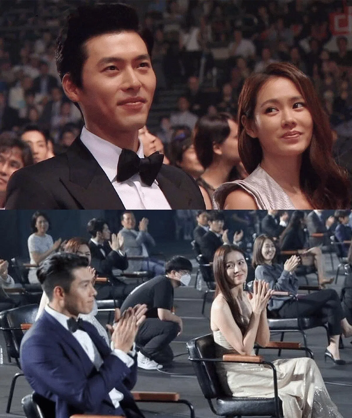 2014年，两人在富川国际奇幻影展首次同框。（上） 2020年，两人因作品《爱的迫降》出席第56届百想艺术大赏，被媒体捕捉同样的“一眼瞬间”画面。（下） （图/互联网）