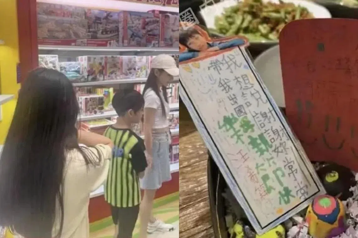 汪小菲晒出的照片中可见马筱梅（左图右）带着汪小菲的两个孩子到玩具店，以及汪希箖写的卡片（右图）。（互联网）