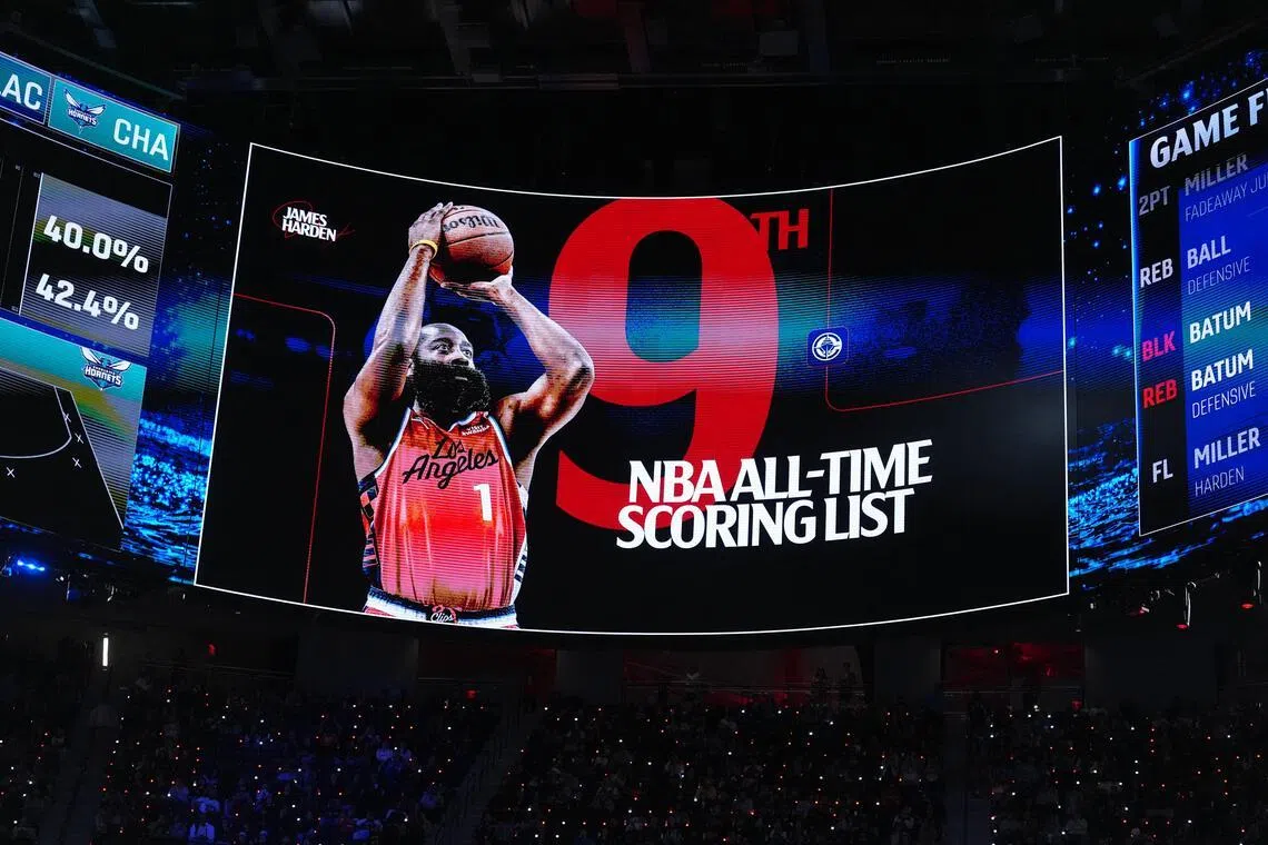 哈登（图）NBA总得分超越奥尼尔后，快艇主场为他打出海报庆祝。（路透社）