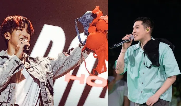 五坚情成员娄峻硕（左）和周汤豪的演唱会上高举粉丝扔上台的胸罩。（互联网）