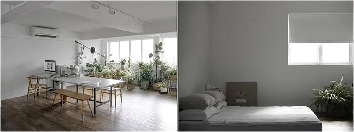 （左图）一览无遗的空间，原本三房式组屋的格局不复存在。（右图）隐藏在一个角落的睡眠区隐藏通过窗帘与主空间隔开。（受访者提供）