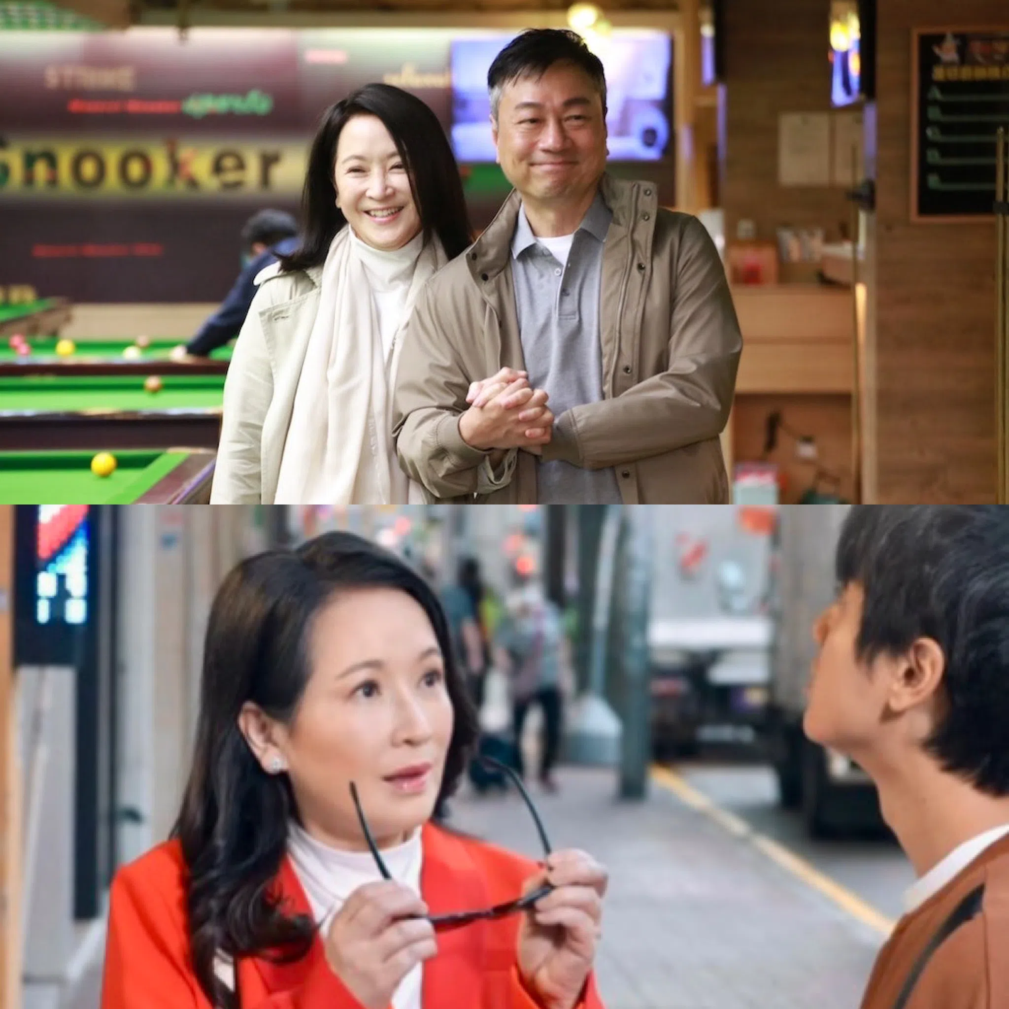 龚慈恩在《轻·功》前两集以黎耀祥的太太角色（上图左）出场，接近尾声则以武打替身的角色（下图左）再次亮相。（互联网）